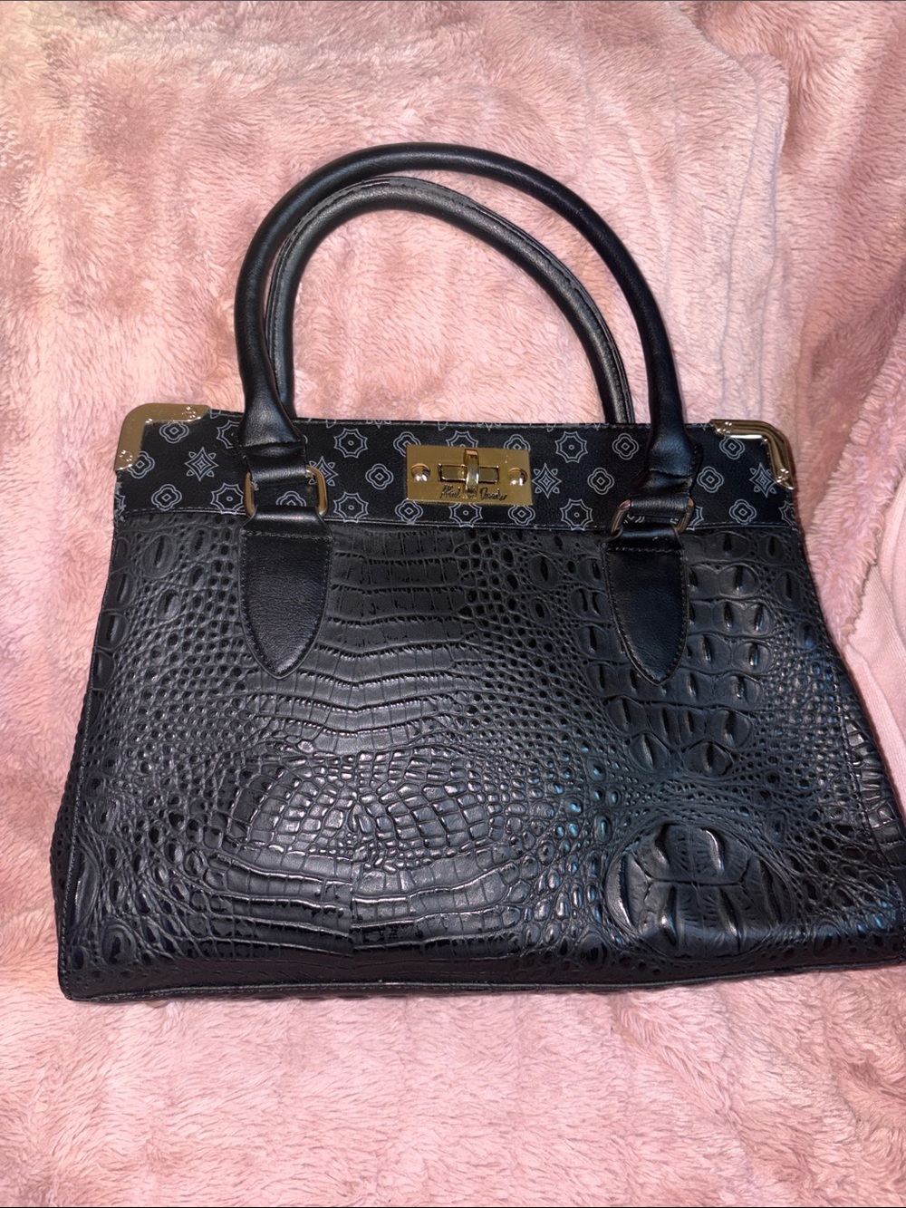 Alfred Dunner Black Croc-Embossed Satchel with Gold Hardware